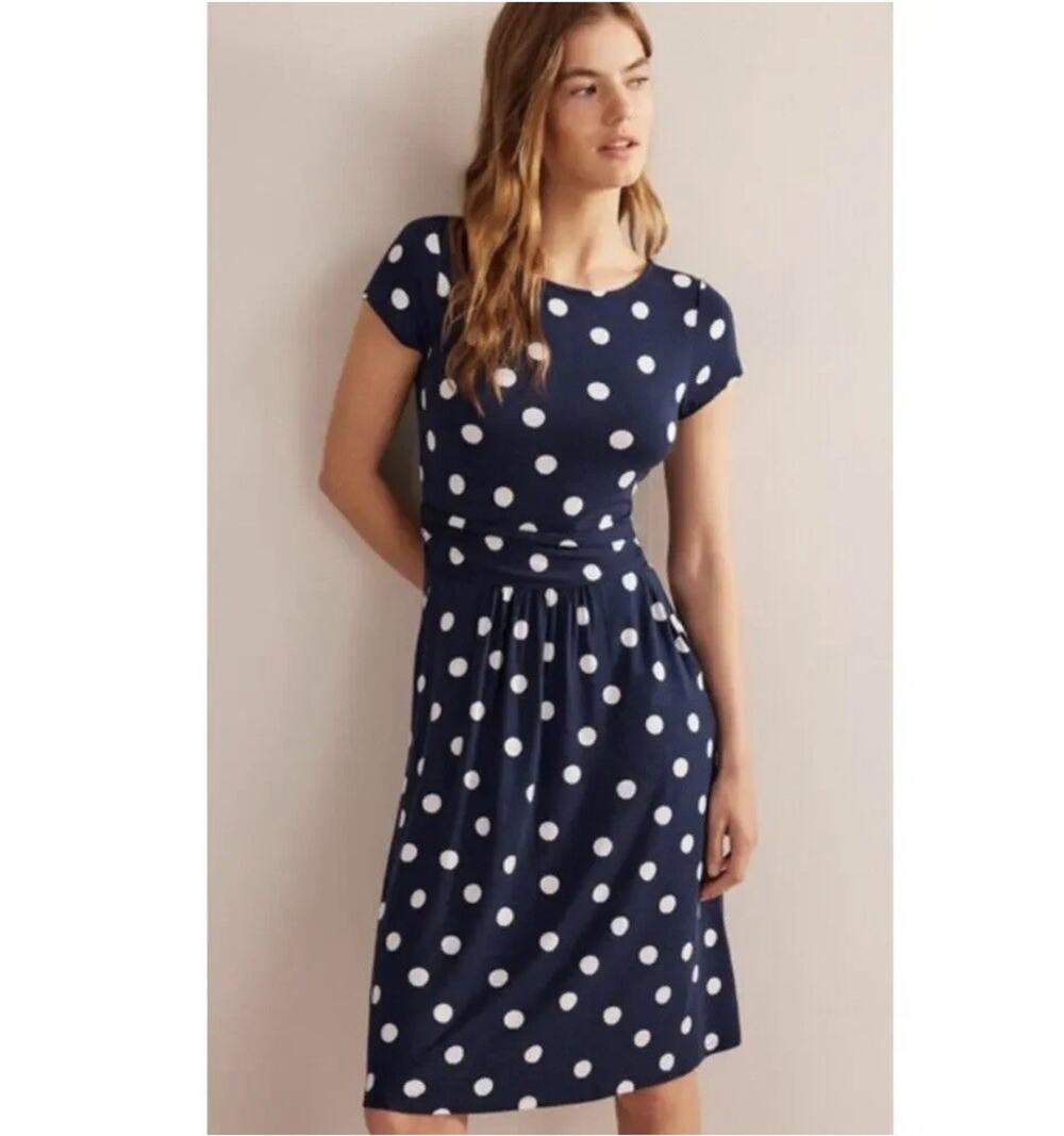 Boden Amelie Jersey Dress Plus Size 20 Navy Blue Painterly Spot Polka Dots